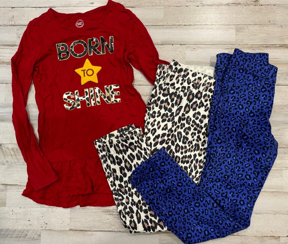 Girls Born To Shine Top and Two pairs of leopard pants sz 7-8